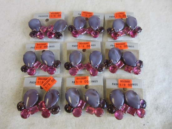 Lot of 9 Identical Pairs of Pink and Purple Clip On Costume Earrings