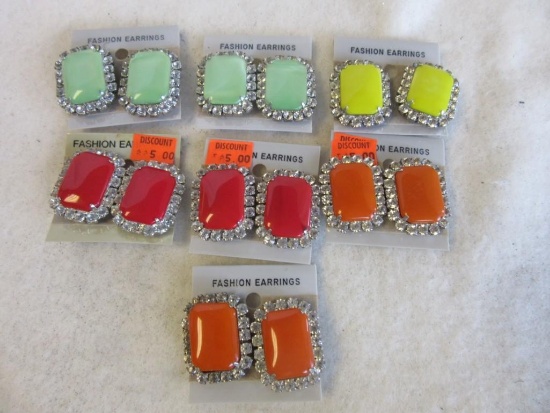 Lot of 7 Colorful Plastic Gem Earrings Clip-On Earrings with Rhinestone Details