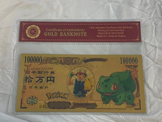POKEMON Bulbasaur 24K GOLD Plated Foil Novelty $100,000 Bill Gold Banknote
