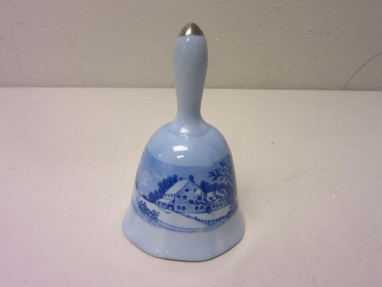 Blue Porcelain Decorative Bell w/ Farmstead Design 5.5" Tall