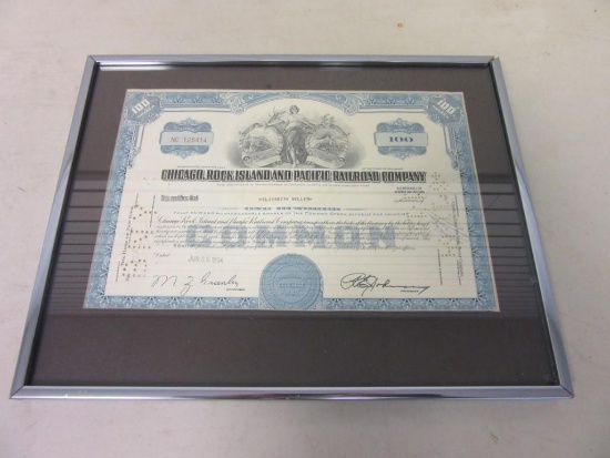 Vintage 1964 CHICAGO ROCK ISLAND AND PACIFIC RAILROAD COMPANY Framed Stock Certificate 11"x14"