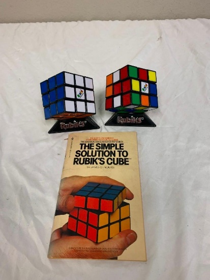 Lot of 2 RUBIKS Cubes with Vintage Book