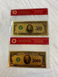 Lot of 2 24K GOLD Plated Foil Novelty Notes $500 and $5,000 Bill Gold Banknotes