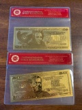 Lot of 2 24K GOLD Plated Foil Novelty Notes $20 and $50 Bill Gold Banknotes