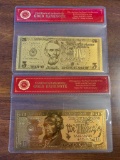 Lot of 2 24K GOLD Plated Foil Novelty Notes $5 and $10 Bill Gold Banknotes