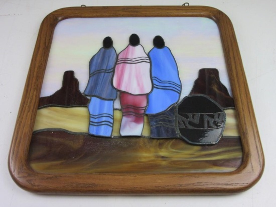 Framed Stained Glass Portrait of 3 Navajo Women Looking At Sunset 18"x18.5"