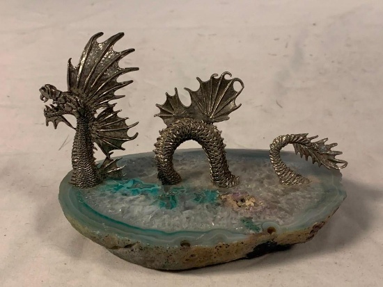 Geode crystal Rock with Pewter Dragon Figure
