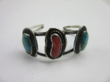 Native American .925 Silver Turquoise and Red Coral Stones 2.5