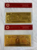 Lot of 2 24K GOLD Plated Foil Novelty Notes $5000 and $10,000 Bill Gold Banknotes