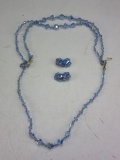 Blue Crystal Necklace w/ Pair of Blue Crystal Clip-on Earrings w/ Box