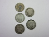 Lot of Five 1900-1913 .90 Silver Barber Dimes