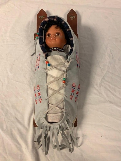 Native American Baby Doll In Cradleboard and wrapped in Native Blanket