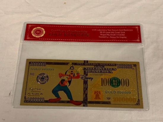 Walt Disney GOOFY 24K GOLD Plated Foil Novelty Note $100,000 Bill Gold Banknote