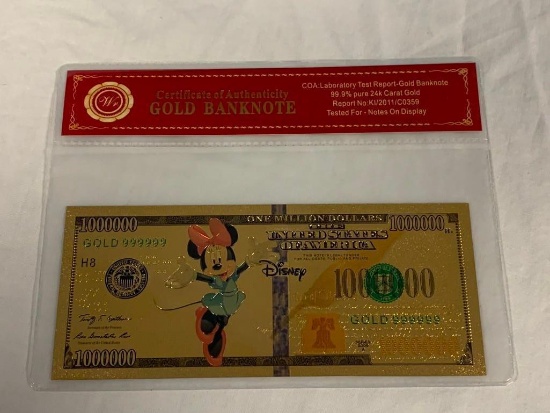 Walt Disney MINNIE MOUSE 24K GOLD Plated Foil Novelty Note $100,000 Bill Gold Banknote