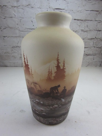 14" Tall Ceramic Vase w/ Painted Gold Mining Scene Signed by DINE