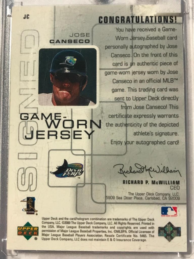 2000 Upper Deck Pros & Prospects Signed Game Worn Jersey Jose Canseco #JC  Auto | Art, Antiques & Collectibles | Online Auctions | Proxibid