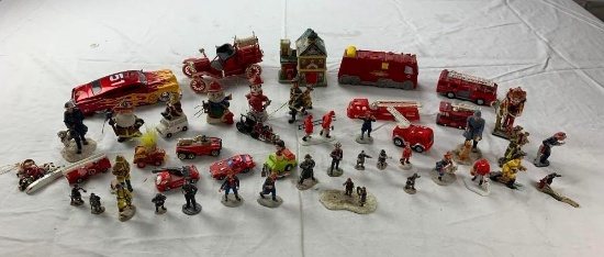 Large Lot of Fireman Firefighters Firetrucks and Fire engines Figures and vehicles