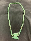 Green Jadeite Jade Stone Bead Necklace with Butterfly Jade Pendant