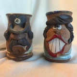 Set of 2 Vintage Ceramic Mugs with Hand-Sculpted Man and Woman Faces Signatures on the Bottoms