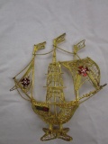 Gold-tone filagree miniature galleon ship with Order of Christ Cross and a Portugal Sign