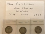 Lot of 3 .925 Silver British One Shilling Silver Coins, 1836, 1877 and 1890