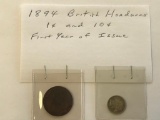 Two 1894 British Honduras 1 cent and 10 Cent Coins - First Year of Issue