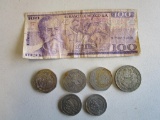 Mexican Bank Note and Various Denominations of Pesos Coins