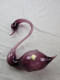 Delicate hand blown amethyst-color art glass swan bud vase by Bruns U.S.A. with foil sticker