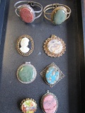 Lot of 8 vintage costume jewelry bracelets and pendants with stone and cameo inserts