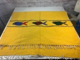 Vintage Mexican Zapotec Yellow Wool Blanket Rug Wall Hang Fish Design 48 x 78 inches