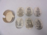 Set of 6 Scrimshaw on bone Coasters w/ Old Ship Designs Includes Faux Scrimshaw Holder