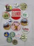 Lot of 16 campaign, advertising, and humorous buttons and a wooden nickle