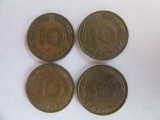 4 Pre-Euro German 10 Pfennig Coins and a 1946 Canada 1 Cent Penny