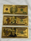 Lot of 3 Plated Foil Novelty Notes Gold Banknotes $20, $10 and $100