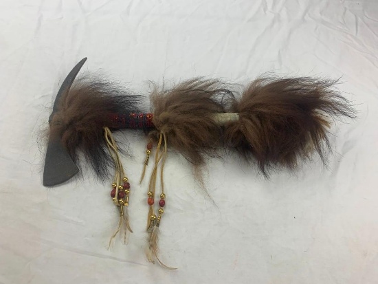 Native American Handmade Ceremonial Tribal Warrior Tomahawk Beaded with fur