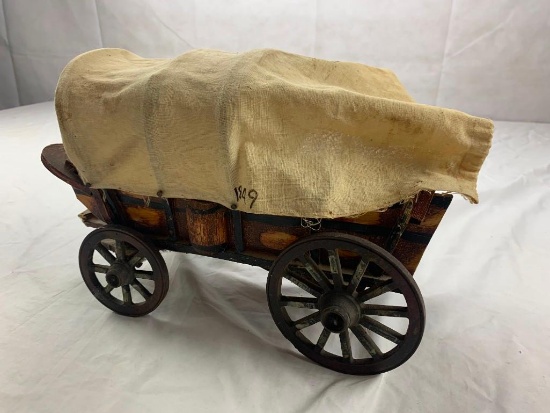 Vintage Wooden Canvas Covered Pioneer Wagon with Cast Iron Wheels Western Decor