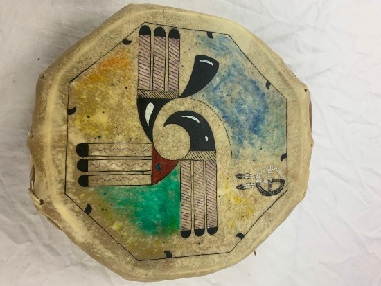 Native American Hand Made and Painted 2 Sided Tambourine Acoma Bird Design 1995 Signed by Artist