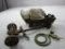 Reproduction miniature Conestoga wagon and cart base with wheels broken and in need of repair