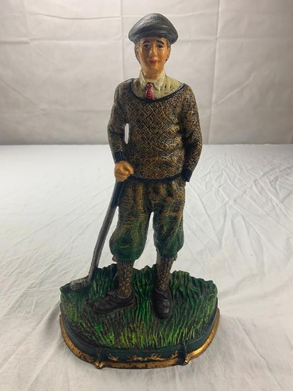 Vintage Cast Iron Golfer Golf Sculpture Figure Door Stop 14" Figurine Painted