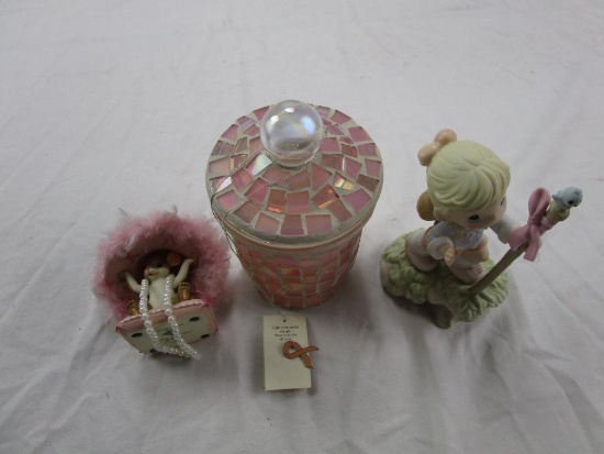 Lot of 3 Breast Cancer Commemorative Items: 2 figurines and one candle