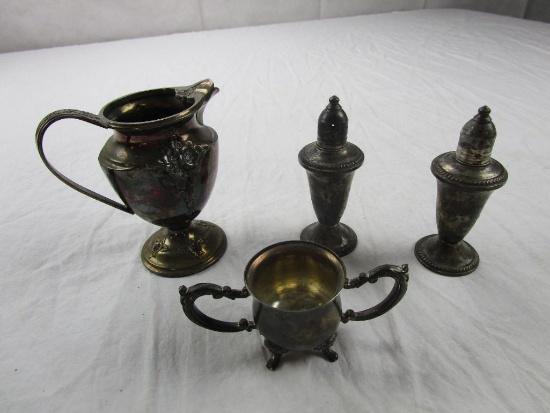 Lot of silver plate items: Godinger two handled cup, Duchin salt and pepper shakers, and a small