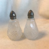 Vintage Glass Rose-Theme Salt and Pepper Shakers with Silverplate Tops