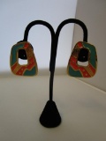 Vintage gold-tone with coral and turquoise-colored enamel clip on earrings