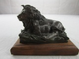 Bronze Lion and Lamb Sculpture on Wood Platform