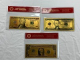 Lot of 3 Plated Foil Novelty Notes Gold Banknotes $1, $5 and $10