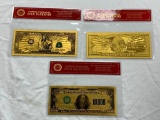 Lot of 3 Plated Foil Novelty Notes Gold Banknotes $10,000, $100,00 and Billion