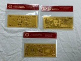 Lot of 3 Plated Foil Novelty Notes Gold Banknotes $1, $5 and $20