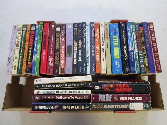 Box lot of 36 paperback mystery, murder, detective novels