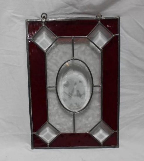 10x15 Stained Glass Depicting Ducks in Center Diamond Shapes are beveled Glass