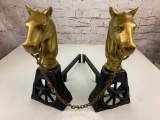 Vintage HORSES Brass Cast Iron Fireplace Andirons